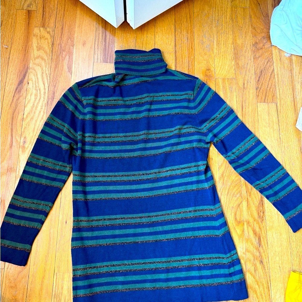 L'AGENCE Blue and Green Striped Turtleneck Sweater